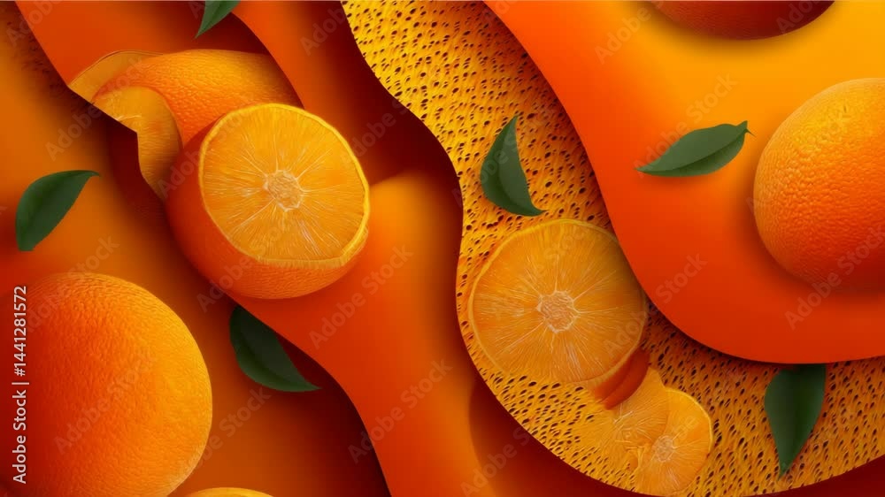 Abstract orange fruit background featuring sliced oranges, whole oranges and green leaves with textured organic forms creating a bright, lively and vibrant graphic design.