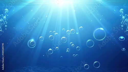 Bubble Floating Light Blue Background: Abstract Image of Bubbles in Turquoise Sea Water for Creative Design