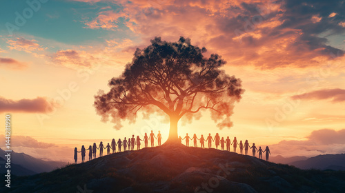 Unity in the golden hue: A community stands together under the expansive branches of a majestic tree, silhouetted against a breathtaking sunset sky. Representing the harmony of a group of people