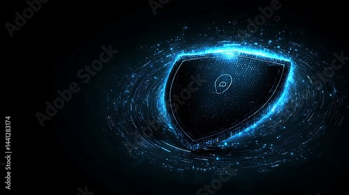 Digital Shield Concept with Blue Neon Glow in Dark Background