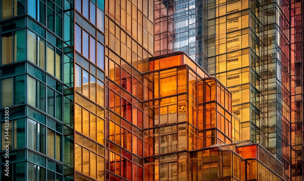 Fototapeta premium Colorful glass facade of modern high-rise buildings in city downtown, reflecting light and colors. Possible use Architecture photography, showcasing urban design