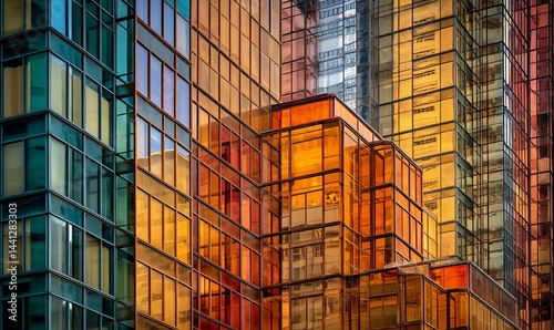 Colorful glass facade of modern high-rise buildings in city downtown, reflecting light and colors. Possible use Architecture photography, showcasing urban design photo