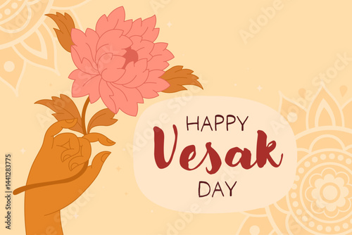 Happy Vesak day, card for buddhist holiday. Graceful hand of Buddha with a lotus flower on a light orange background. Mudra, religious symbol, meditation.