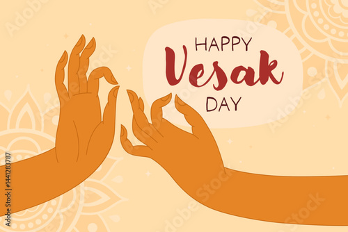 Happy Vesak day, card for buddhist holiday. Two graceful hands of buddha on a light orange background. Mudra, religious symbol, meditation.