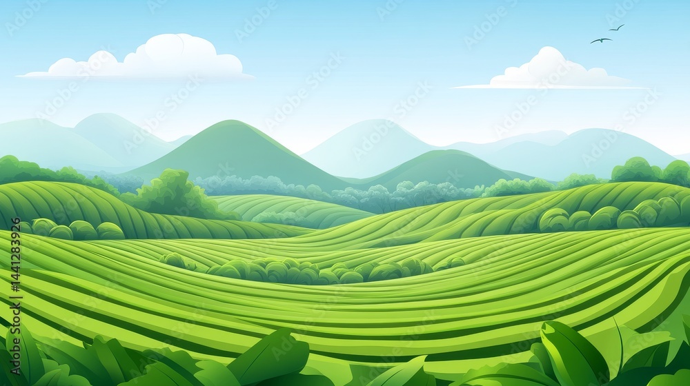 Obraz premium Serene Tea Plantation Landscape Illustration