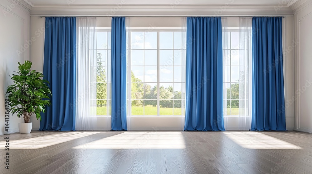 Fototapeta premium Elegant Blue Curtains Draped Window Large Bright Room Interior Design Modern Home Decor Spacious Sunlight Natural Light Luxury Apartment Bright White Walls Wooden Floor calm house