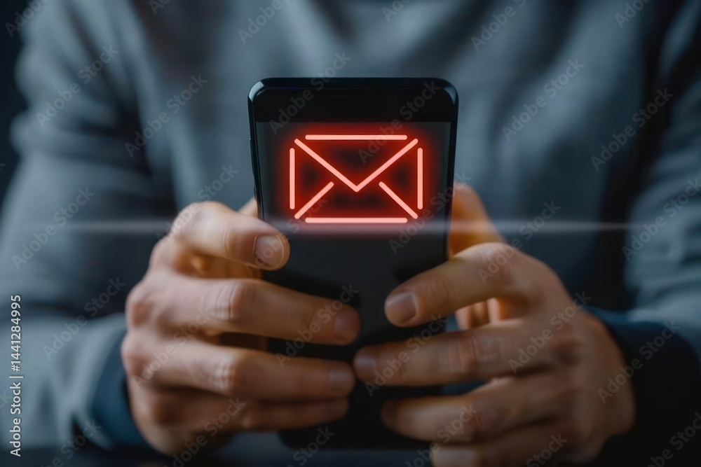 Person holding a smartphone with a glowing red envelope icon symbolizing a new message or email notification, evoking a sense of communication and anticipation Person holding a smartphone with a glowing red envelope icon symbolizing a new message or email notification, evoking a sense of communication and anticipation