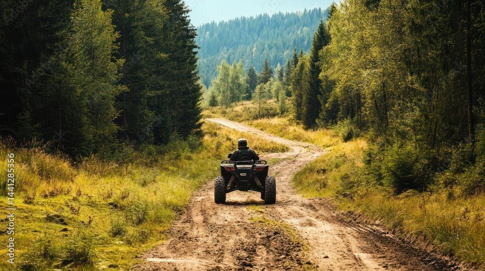 Obraz premium ATV exploration through scenic mountain trail amidst dense woodland forest