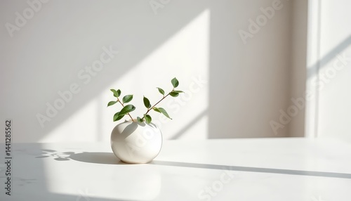 Minimalist still life of a small white ceramic vase with green leaves 
