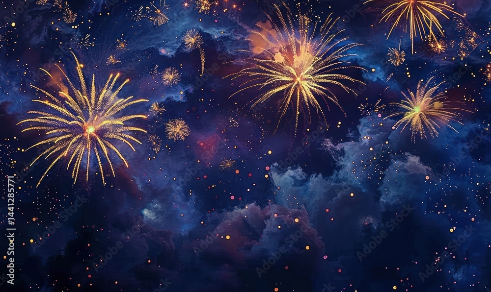 Fototapeta premium Bright golden fireworks bursting in a dark blue night sky surrounded by scattered glowing sparks and clouds creating a festive and celebratory atmosphere
