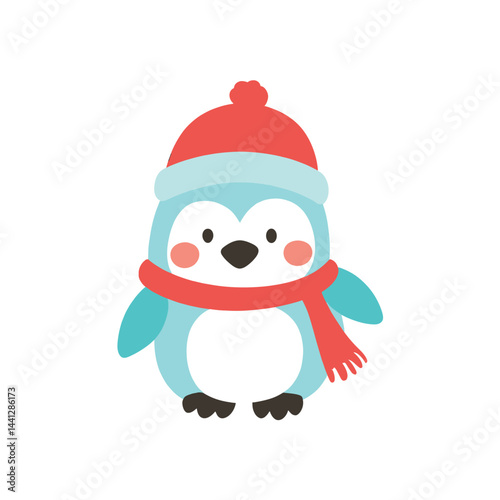 Cute Cartoon Penguin Mascot, Adorable Animal Wearing Red Hat and Scarf photo