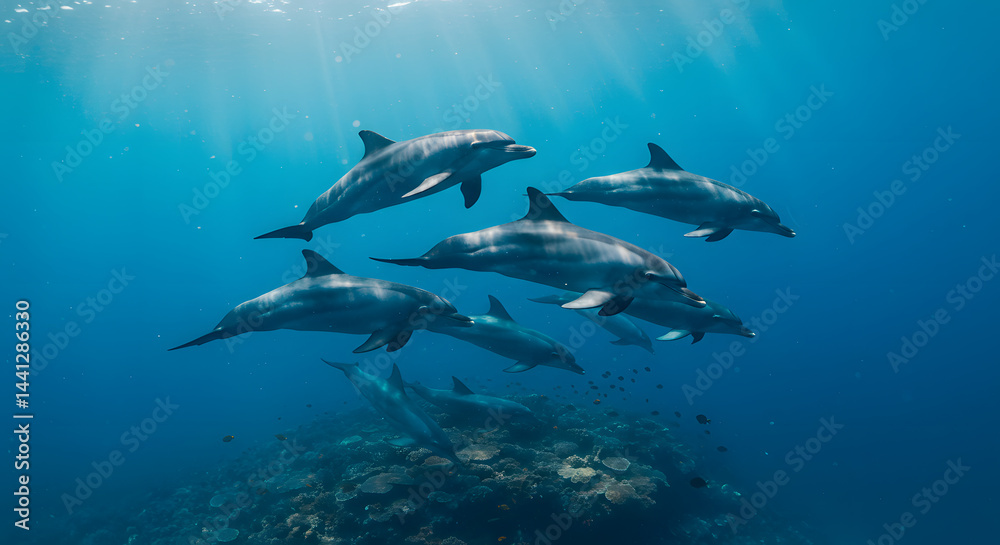 Fototapeta premium Dolphins Swimming Together Underwater with Sun Rays and Coral Reef