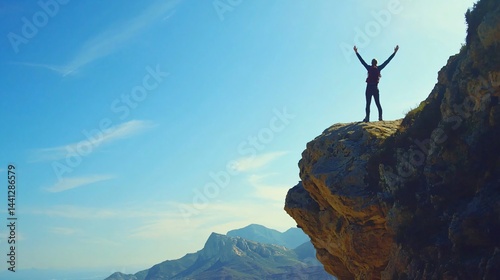 Adventurous hiker standing triumphantly on the edge of a cliff with arms raised against a stunning scenic background of nature's beauty