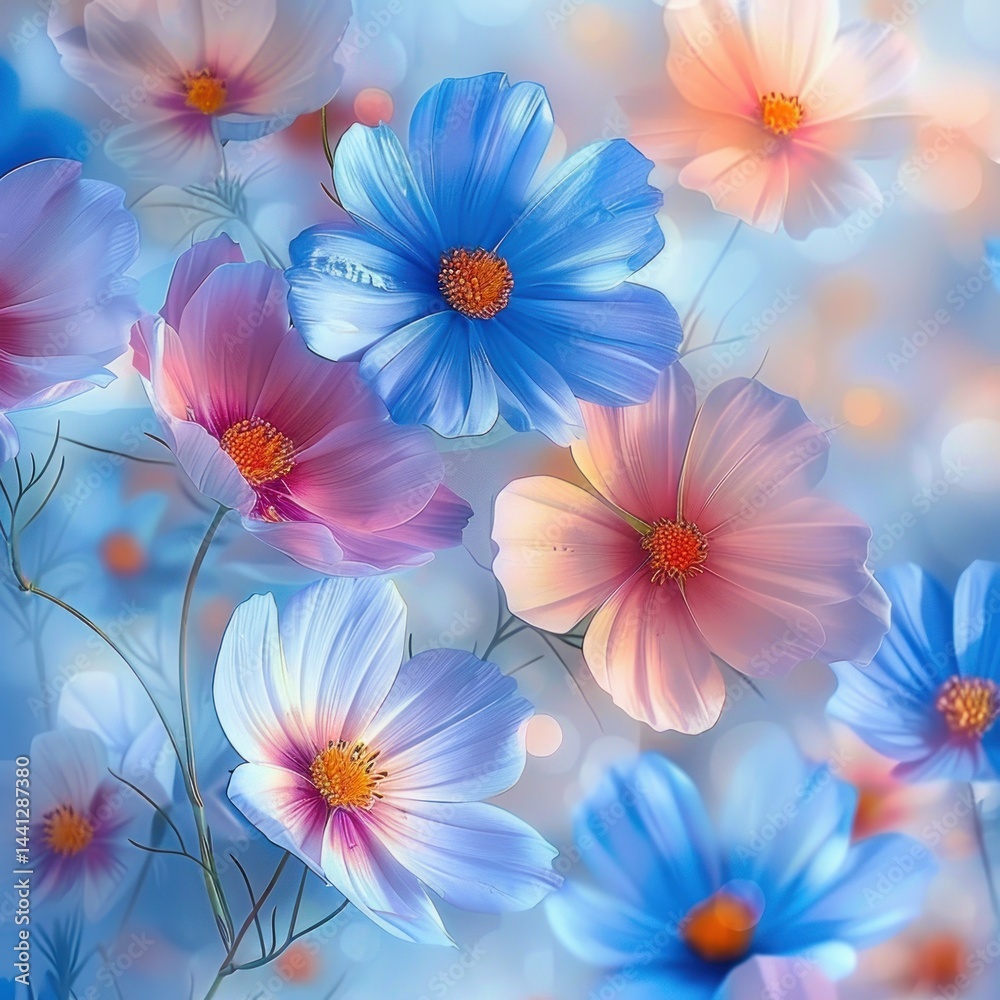 Fototapeta premium soft pastel flowers in shades of blue, pink, and peach with delicate petals and orange centers surrounded by gentle blurred light bokeh creating a calm and dreamy atmosphere