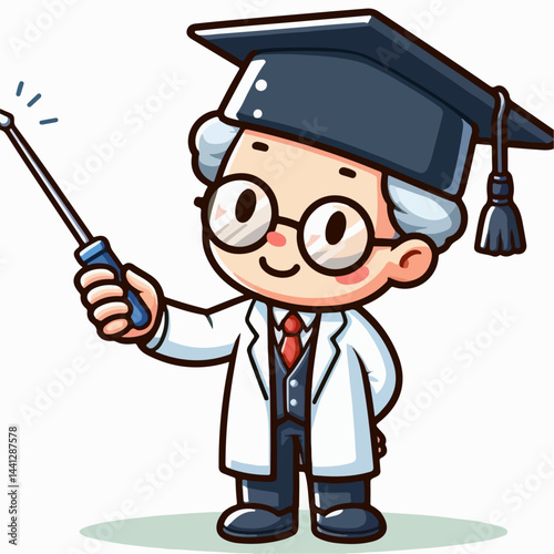 cartoon vector illustration of a professor or scientist holding a pointer