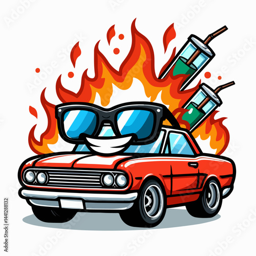 cartoon vector illustration of car with fire