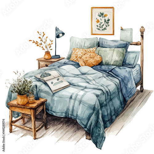 Cozy Bedroom Interior, watercolor vector, isolated on a white background.