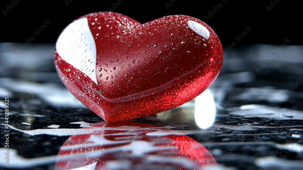 Red Glass Heart with Water Droplets Reflection