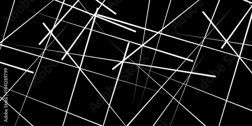 An abstract geometric pattern featuring random diagonal lines on a black background. The design is monochrome with a minimalistic outline style, creating a trendy, modern, and dynamic texture.