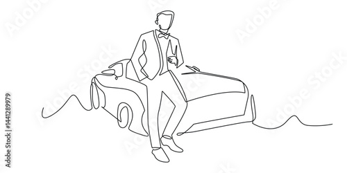 continuous one line drawing of successful man with luxury car background.one line drawing of successful man portrait in job,business,career.single line vector illustration