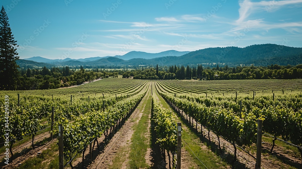 Vineyard rows stretching towards distant mountains under a clear blue sky. Vineyard rows stretching towards distant mountains under a clear blue sky.