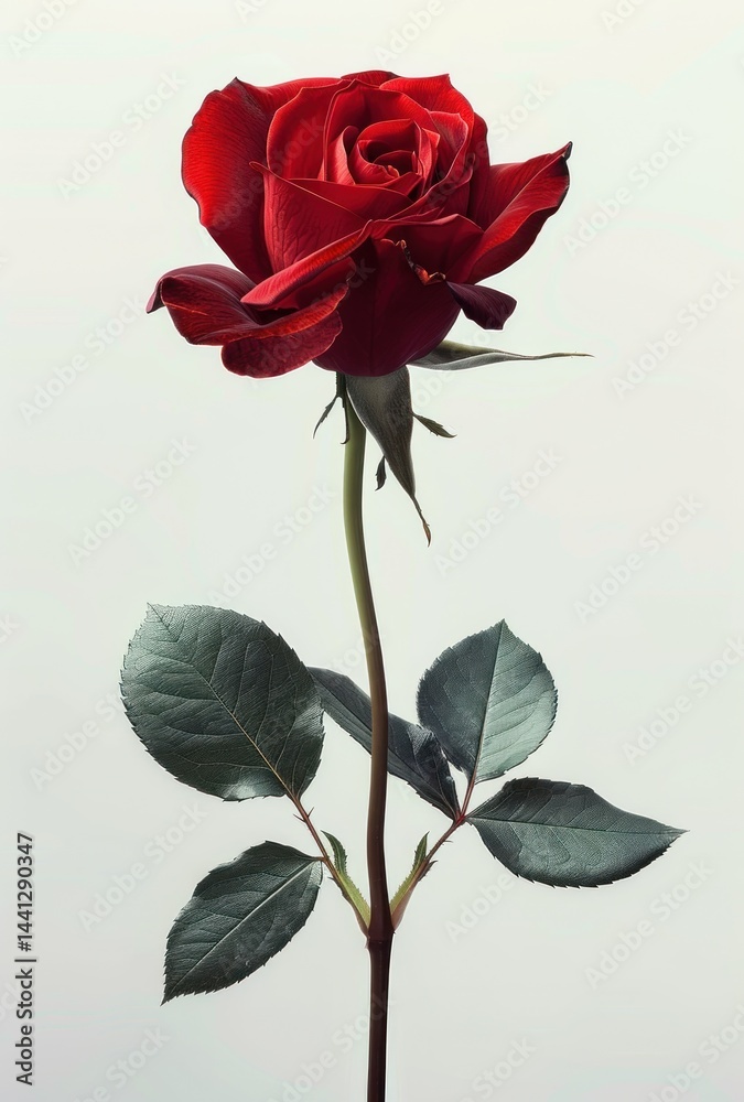 Fototapeta premium Single red rose with detailed petals and green leaves on a slender stem against a light neutral background, evoking elegance and natural beauty