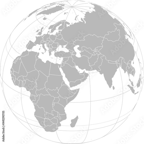 World vector map with country boundaries and graticules (Saudi Arab-centered view, orthographic projection, PPT-compatible & fully editable)