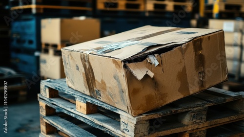 A stunning image of damaged cardboard box on wooden pallet at warehouse. Torn parcel in logistics, broken container during shipping. Warehouse stock and delivery concept.