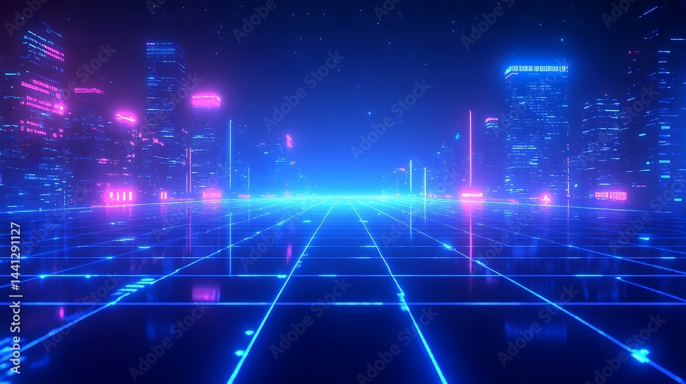 Futuristic cityscape with neon grid foreground and glowing skyline Futuristic cityscape with neon grid foreground and glowing skyline