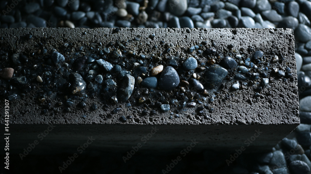 Grey concrete panel with embedded stones and pebbles.