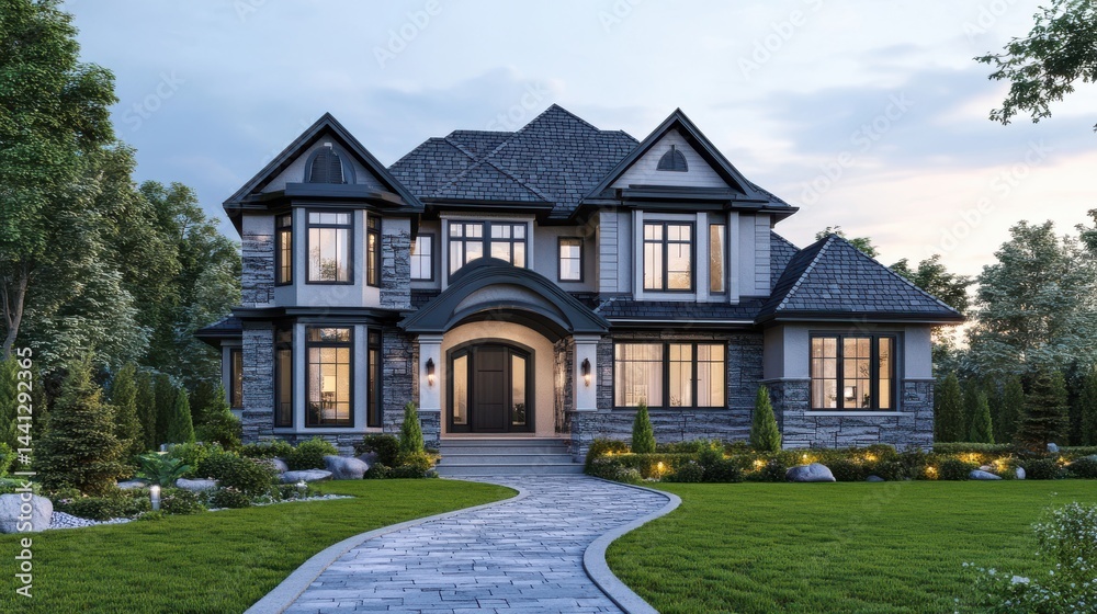 A stunning image of luxury suburban home with nice landscape, stone pathway, green grass. Summer day in North America. Family house exterior, residential architecture, real estate. A stunning image of luxury suburban home with nice landscape, stone pathway, green grass. Summer day in North America. Family house exterior, residential architecture, real estate.