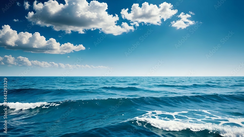 Fototapeta premium Open ocean view with soft rolling waves under expansive sky filled with scattered white clouds in calm and bright seascape. Nature concept 