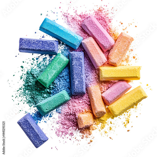 Colorful chalk pieces scattered on black background