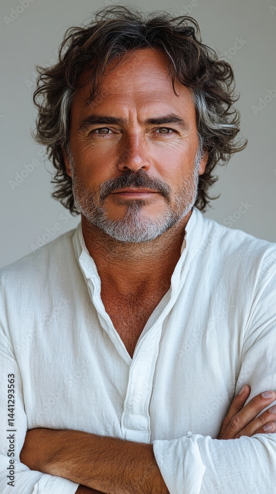 Fototapeta premium Portrait of a Man with Curly Hair and a White Shirt