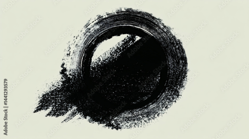 Grunge black circle stamp brush texture, distressed round ink mark illustration.