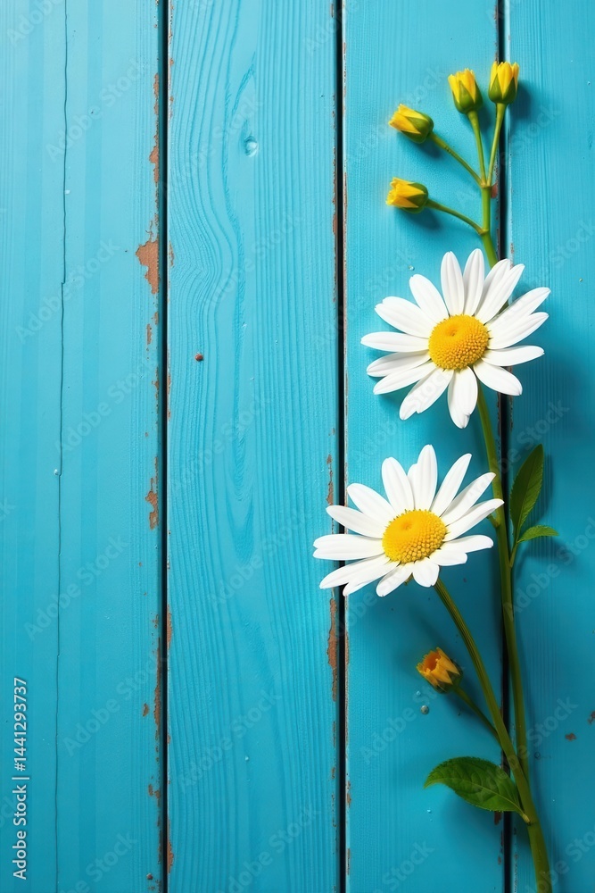 Fototapeta premium White daisy and yellow flower composition on blue painted wood planks, yellow, botanical, image