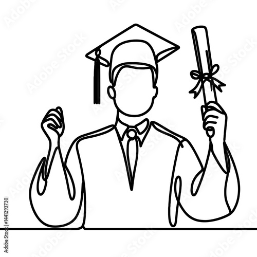 Happy male graduate celebrating with diploma in line art  