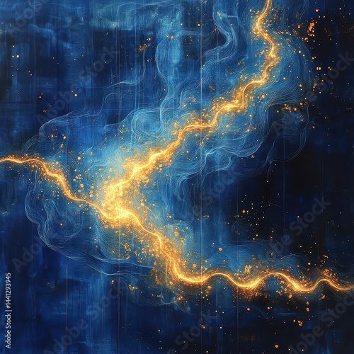 Vibrant Abstract Artwork with Glowing Golden Lines on Blue Background