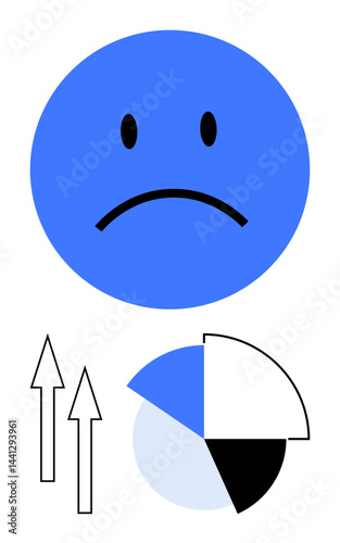 Blue circle with sad face, upward arrows, and pie chart segments. Ideal for emotion, failure analysis, mood measurement, feedback, growth challenges, data visualization flat simple metaphor