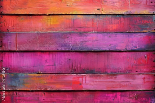 Vibrant, horizontal wooden planks in hues of pink, orange, and red.