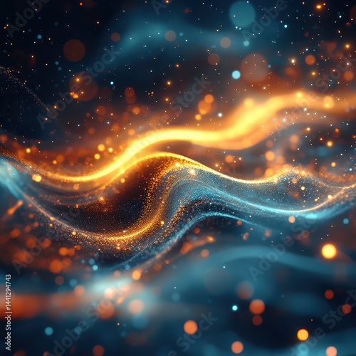 Abstract Colorful Waves of Light and Glitter in Dark Background
