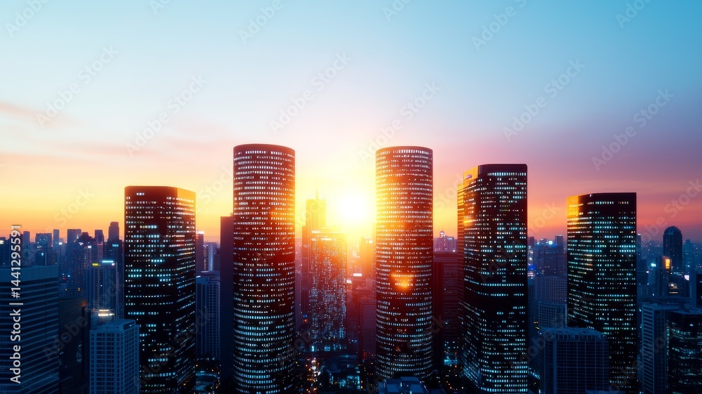 Obraz premium City Skyline at Sunset, Warm Colors, High Rise Buildings
