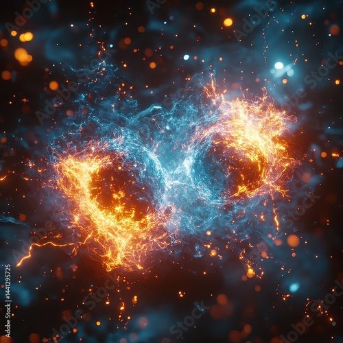 Vibrant Cosmic Energy Burst in Blue and Orange with Sparkles