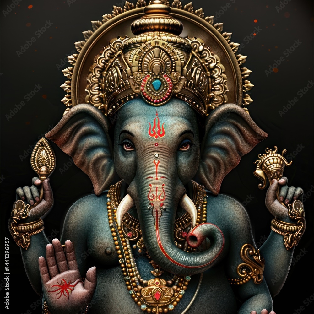 Fototapeta premium ornate sculpture of a deity with elephant features, golden intricate headdress, multiple arms holding symbolic objects, detailed jewelry, and serene dark background with warm glowing particles