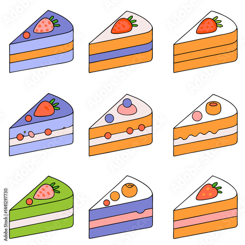 Sweet Slices of Delight: A delightful array of colorful cake slices, each garnished with fresh fruit and unique layers, evoke the joy of celebrations, each with a distinctive charm and deliciousness.