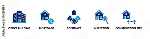 Real Estate banner web icon illustration concept with icon of office building, mortgage, contract, inspection, and construction site
