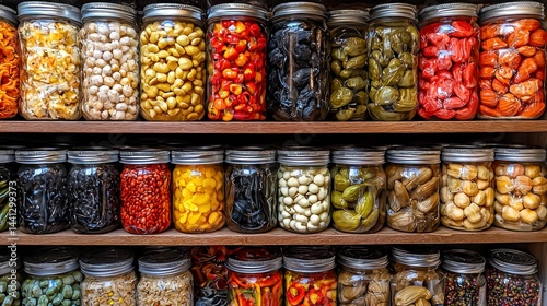 Wallpaper Mural Colorful Glass Jars Filled with Various Foods on Wooden Shelf in Realistic Photography Torontodigital.ca