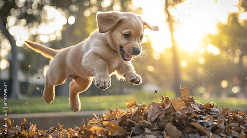 Adorable puppy playfully running through a brightly colored pile of leaves on a sunny autumn day with eager energy and joyful expressions