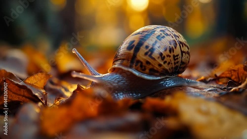 A snail crawling through autumn leaves with golden sunlight in the background.

