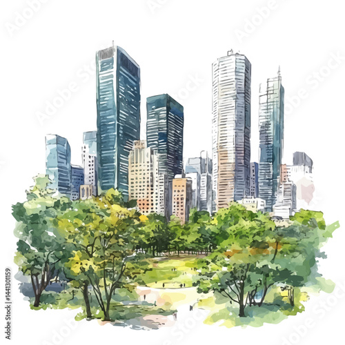 watercolor of City Park Surrounded By Skyscrapers, vector, isolated on a white background.